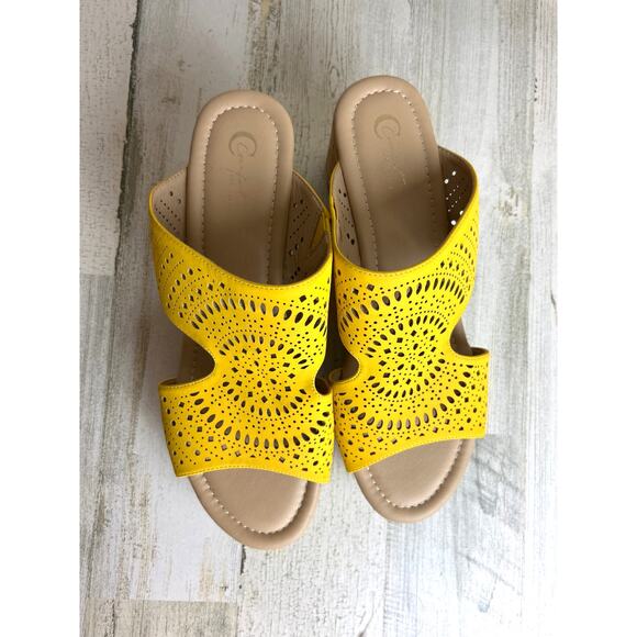 Cato Women's 11 Comfort Goldenrod Cork Wedge Slip-On Laser Cut Summer Sandals - Picture 2 of 9